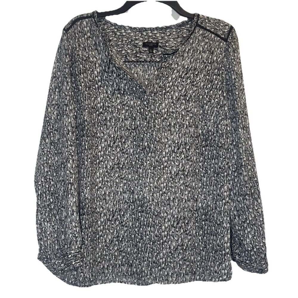 Talbots Women’s Black White V Neck Popover Long Sleeve Blouse Top‎ Petite Large